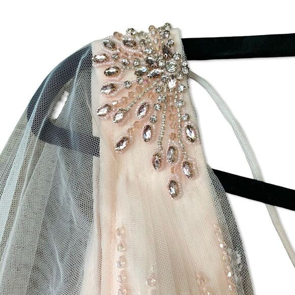 Mac Duggal blush Tulle Sheer Long Sleeve Cut Out Lace Up A Line Gown dress NWT 4 - Picture 7 of 16